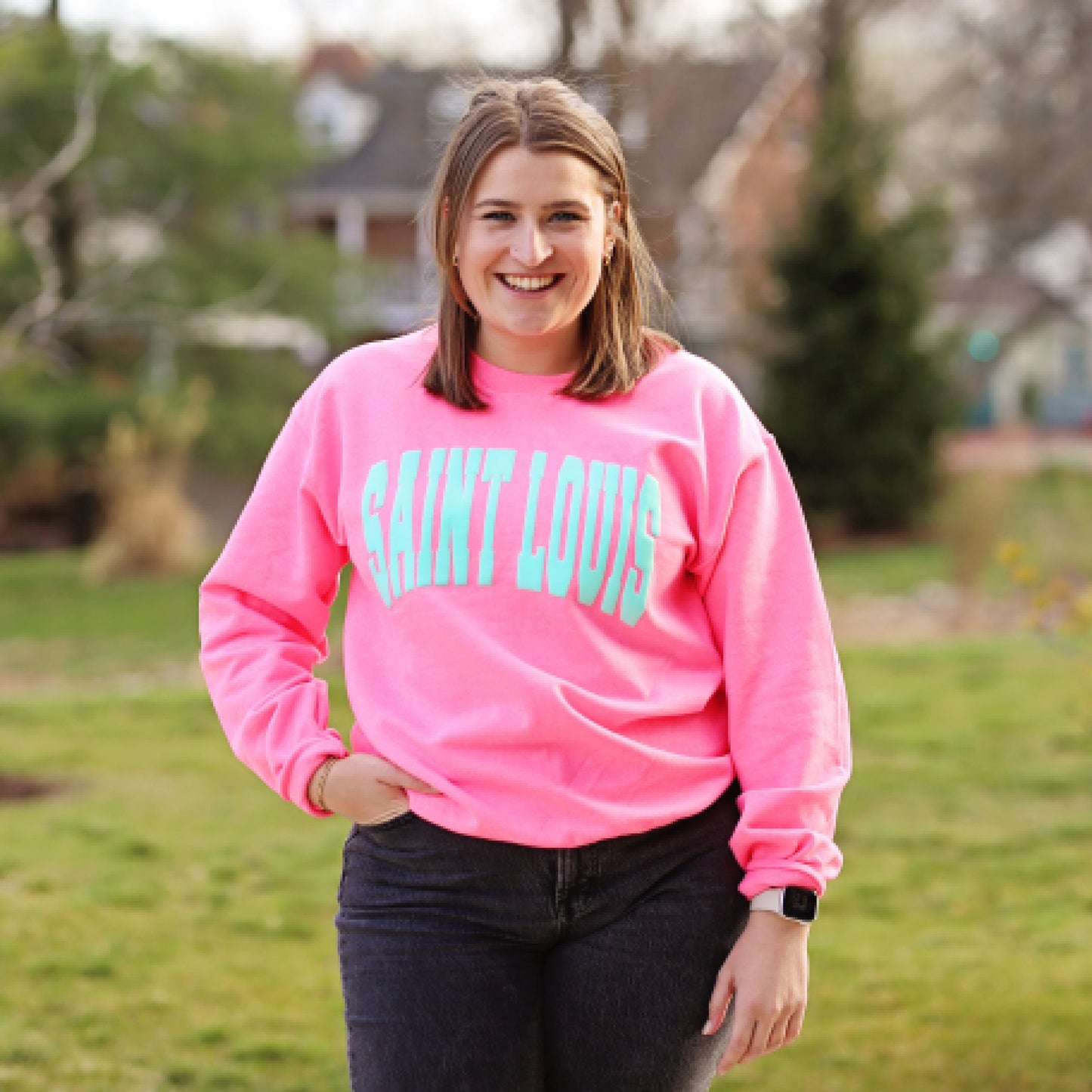 Bubblegum with Teal Puff Saint Louis crewneck
